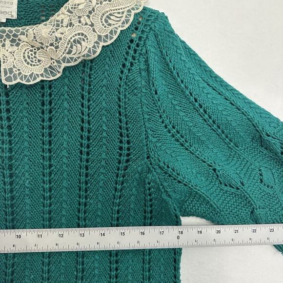 Vtg Hand Knit Crochet Sweater Womens S Green Lace Collar Cottage Modest Coquette - Picture 9 of 11